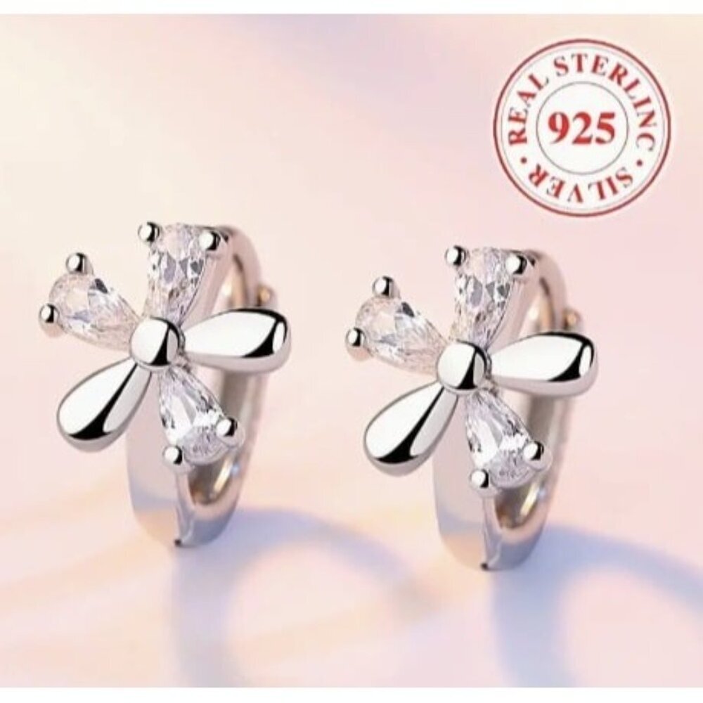 Sterling Silver Stimulated Diamond Zircon Flower Huggie Earrings - Picture 2 of 6